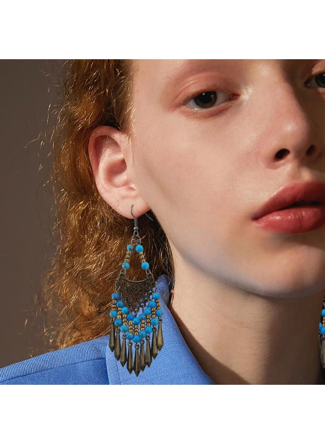KVANU Handmade Vintage Bronze Bohemian Long Tassel Colorful Bead Dangle Drop Earrings Big Tribal Chandelier Geometry Hook Earrings for Women Statement Jewelry Gifts, 100mm/3.93inch*30mm/1.18inch - Image 4