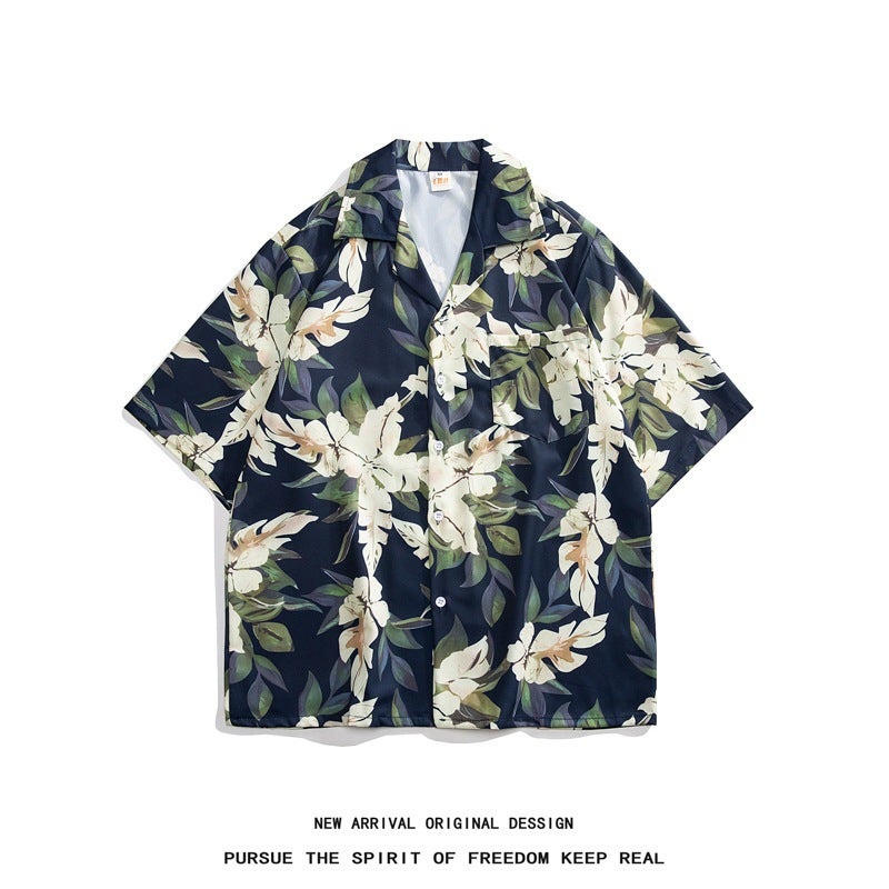 Thai Cuban Collar Floral Shirt For Men And Women Loose Retro Hawaiian Vacation Loose Couple Beach Short-Sleeved Shirt - Image 1