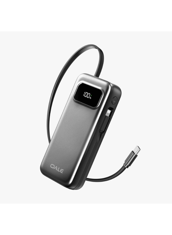 OALE iPower Pocket 2 Portable Power Bank 10000mAh, 22.5W Fast Charging with Built-in Retractable Type-C Cable and Lightning Connector, Digital Smart Display, Lightweight Compact Battery Pack for iOS & Android - Metallic Grey - Image 5