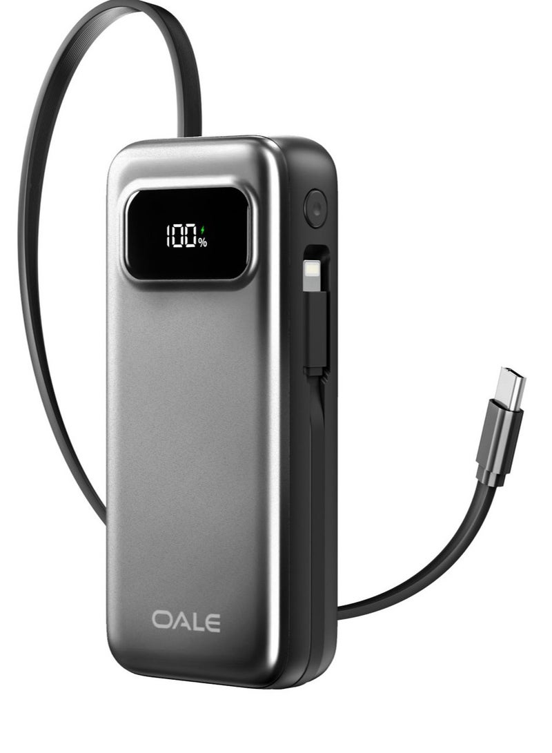 OALE iPower Pocket 2 Portable Power Bank 10000mAh, 22.5W Fast Charging with Built-in Retractable Type-C Cable and Lightning Connector, Digital Smart Display, Lightweight Compact Battery Pack for iOS & Android - Metallic Grey - Image 3