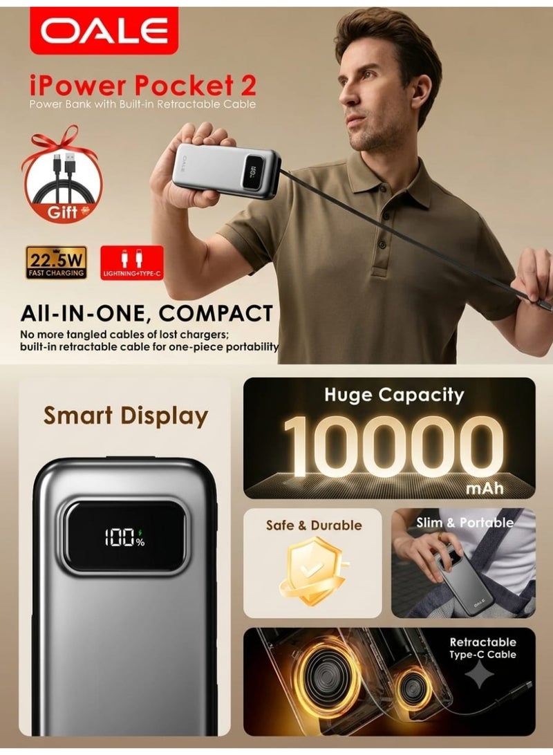 OALE iPower Pocket 2 Portable Power Bank 10000mAh, 22.5W Fast Charging with Built-in Retractable Type-C Cable and Lightning Connector, Digital Smart Display, Lightweight Compact Battery Pack for iOS & Android - Metallic Grey - Image 4