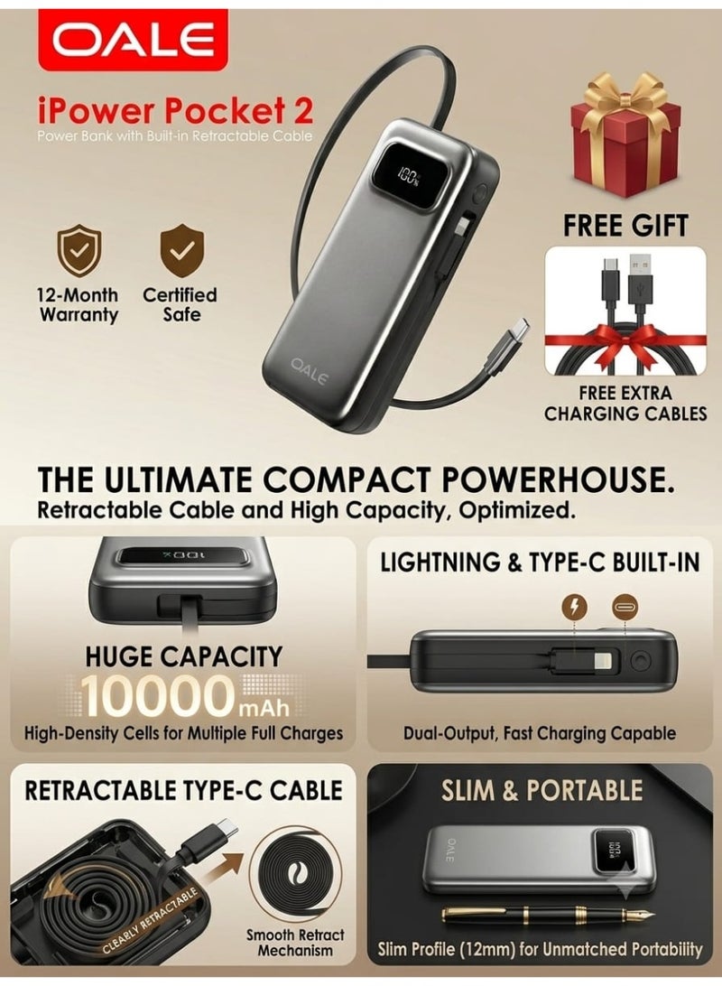 OALE iPower Pocket 2 Portable Power Bank 10000mAh, 22.5W Fast Charging with Built-in Retractable Type-C Cable and Lightning Connector, Digital Smart Display, Lightweight Compact Battery Pack for iOS & Android - Metallic Grey - Image 1