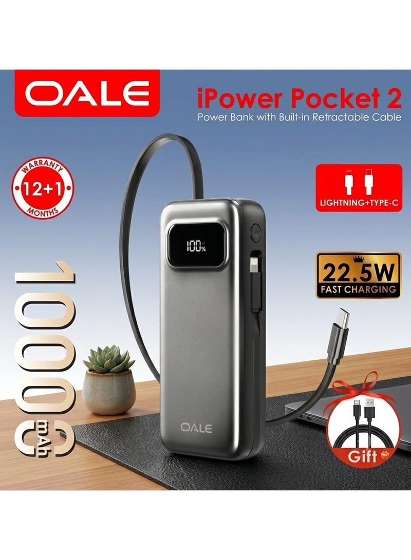 OALE iPower Pocket 2 Portable Power Bank 10000mAh, 22.5W Fast Charging with Built-in Retractable Type-C Cable and Lightning Connector, Digital Smart Display, Lightweight Compact Battery Pack for iOS & Android - Metallic Grey - Image 2