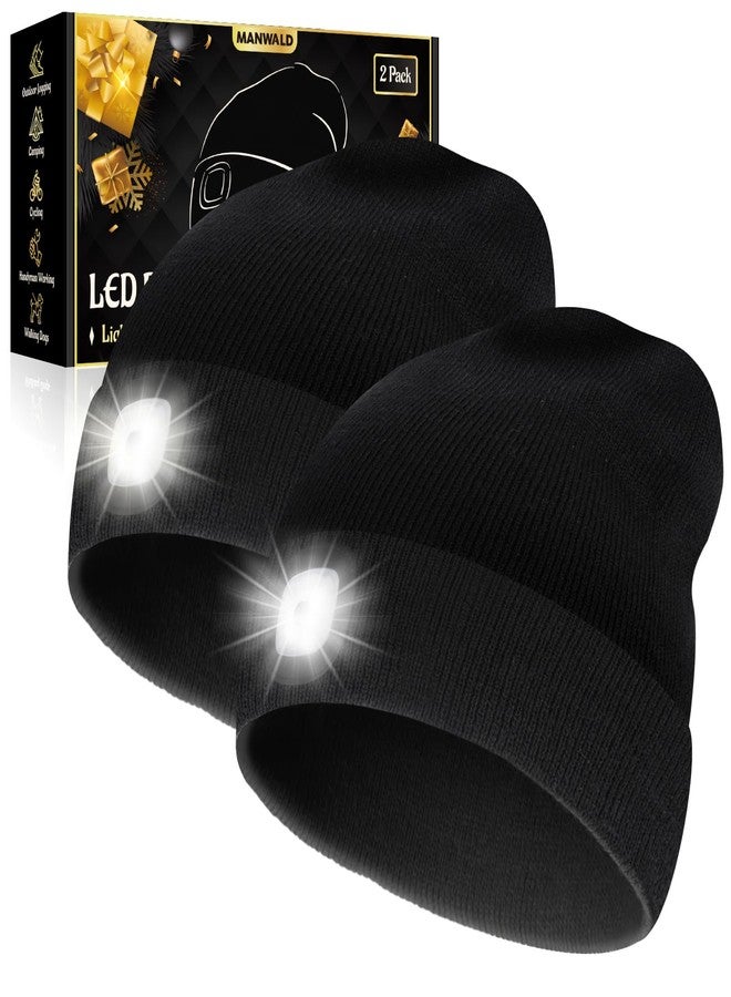 MANWALD LED Beanie Hat with Light,USB Rechargeable LED Headlamp, Gifts for Men, Valentines Day Gifts for Him Men Husband, Boyfriends, Black, 2PCS - Image 1