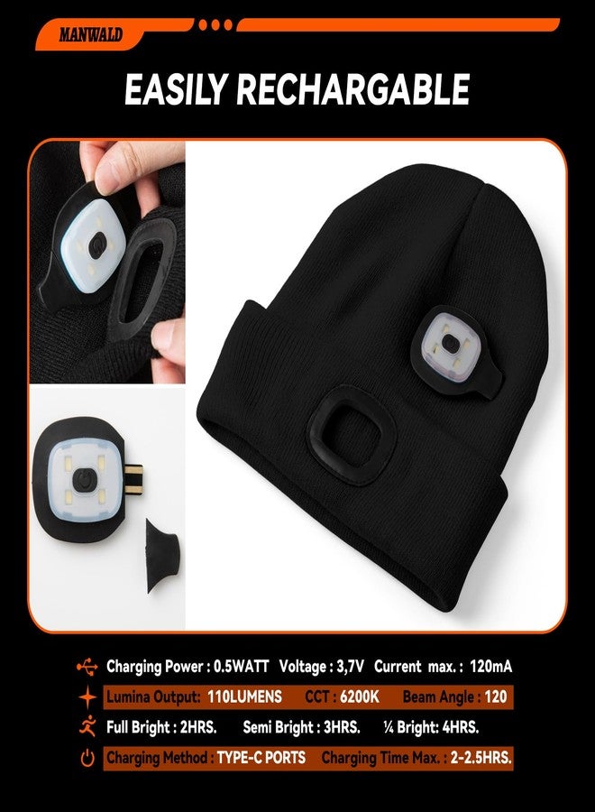 MANWALD LED Beanie Hat with Light,USB Rechargeable LED Headlamp, Gifts for Men, Valentines Day Gifts for Him Men Husband, Boyfriends, Black, 2PCS - Image 3