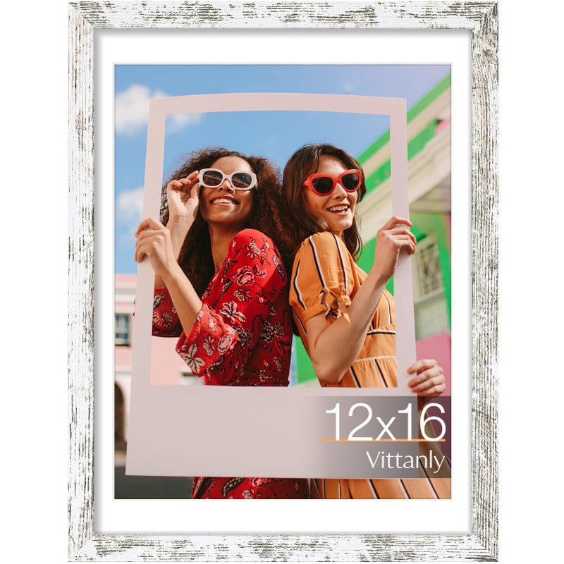 Vittanly إطار صور فيتانلي مقاس 12×16 بوصة، لعرض صور مقاس 11×14 بوصة مع حافة داخلية أو 12×16 بوصة بدون حافة داخلية، مصنوع من الخشب المصنّع مع زجاج شبكي مقاوم للكسر، إطار ملصقات للعرض على الحائط، لون أبيض عتيق، عبوة واحدة - Image 1