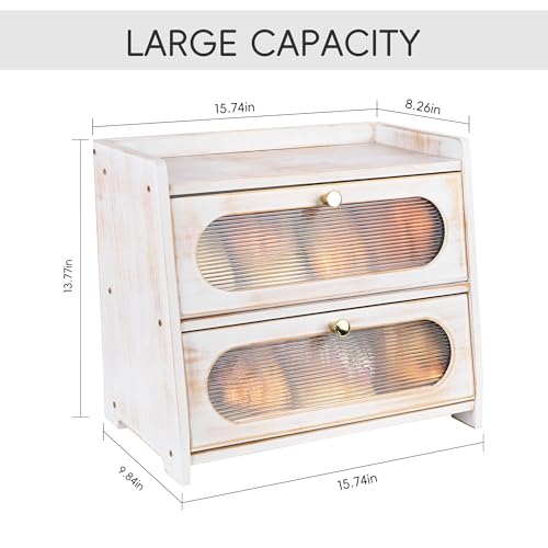 Ollieroo Vintage Double Layer Bread Box for Kitchen Countertop, Bamboo Bread Storage Container, Breadbox for Homemade Bread, Large Capacity Bread Bin(White) - Image 3
