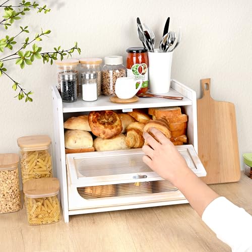Ollieroo Vintage Double Layer Bread Box for Kitchen Countertop, Bamboo Bread Storage Container, Breadbox for Homemade Bread, Large Capacity Bread Bin(White) - Image 2