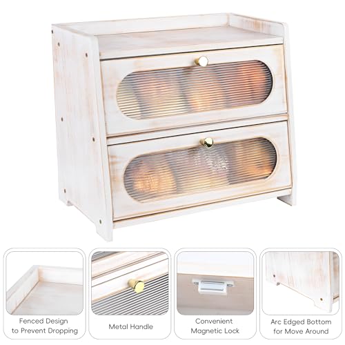 Ollieroo Vintage Double Layer Bread Box for Kitchen Countertop, Bamboo Bread Storage Container, Breadbox for Homemade Bread, Large Capacity Bread Bin(White) - Image 5