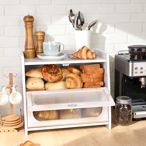 Ollieroo Vintage Double Layer Bread Box for Kitchen Countertop, Bamboo Bread Storage Container, Breadbox for Homemade Bread, Large Capacity Bread Bin(White) - Image 4
