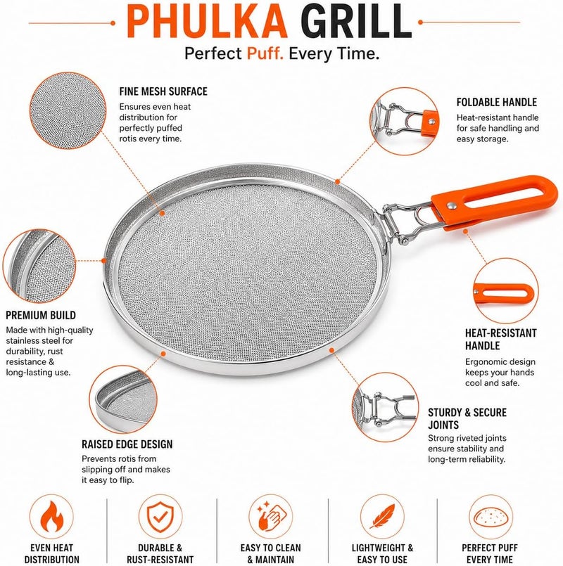 TASMAX® pulka grill for gas stove grill phulka grill tawa jali for kitchen cooking steel papad jali for gas stove mesh brinjal roaster for gas griller roti grill basket pulka pan roaster grill for gas Simple multi-color universal build - Image 2