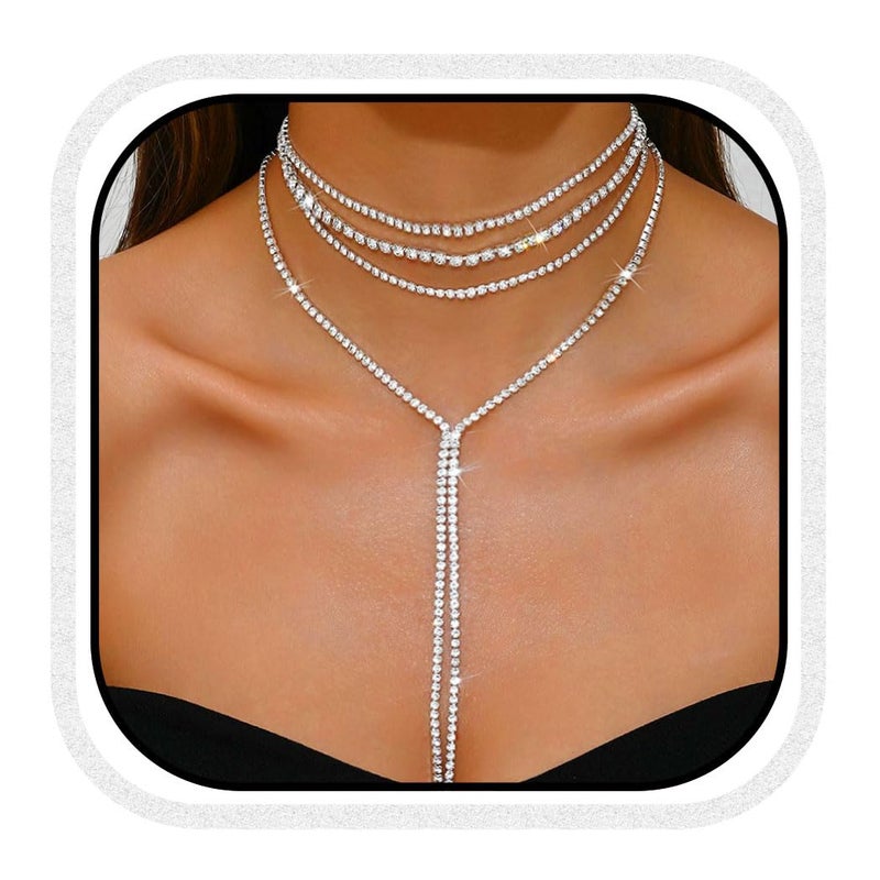 Unicra Silver Rhinestone Necklace Diamond Choker Necklaces Formal Bridal Prom Fashion Costume Jewelry Necklace for Women (Silver) - Image 1