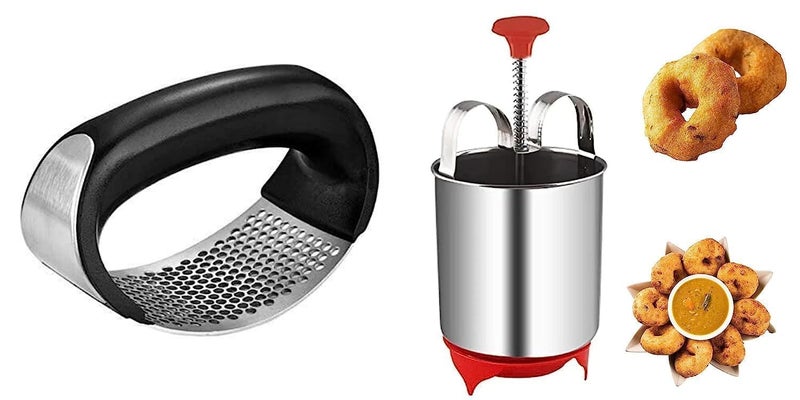 DHARMISHO Stainless Steel Garlic Presser Medu Vada Maker with Stand Combo for Kitchen - Image 1