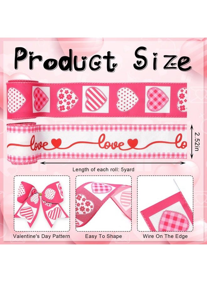 Threetols 2 Rolls 10 Yards Valentine's Day Wired Edge Ribbon, 2.5inch Pink Heart Love Burlap Ribbon, Pink White Buffalo Plaid Ribbon for Valentine DIY Craft Love Wreath Bow Wedding Party Decor - Image 2
