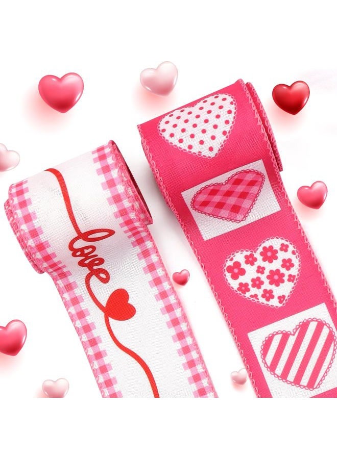 Threetols 2 Rolls 10 Yards Valentine's Day Wired Edge Ribbon, 2.5inch Pink Heart Love Burlap Ribbon, Pink White Buffalo Plaid Ribbon for Valentine DIY Craft Love Wreath Bow Wedding Party Decor - Image 1