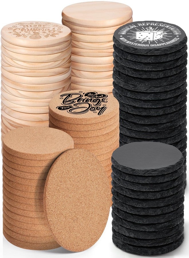 MAPRIAL 89 PCS Blank Coasters Bulk for Laser Engraving, MAPRIAL 4 Inch 30 PCS Black Slate Stone, 30 PCS Wood, 29PCS Cork, Engravable Materials for Engraver, Gifts, Painting, Crafts, Halloween, Round - Image 1