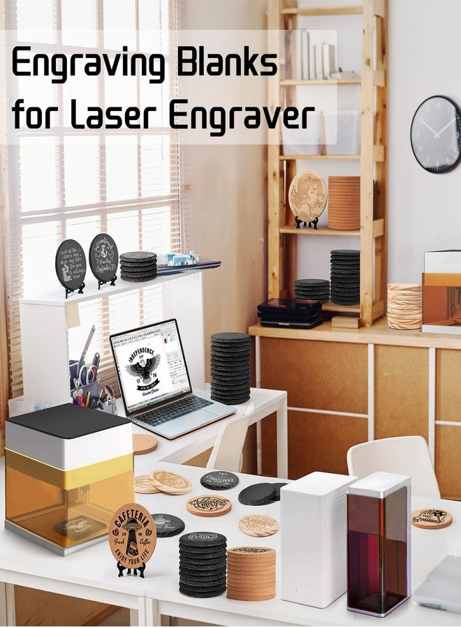 MAPRIAL 89 PCS Blank Coasters Bulk for Laser Engraving, MAPRIAL 4 Inch 30 PCS Black Slate Stone, 30 PCS Wood, 29PCS Cork, Engravable Materials for Engraver, Gifts, Painting, Crafts, Halloween, Round - Image 4