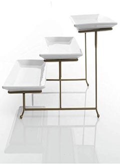 3 Tier Rectangular Serving Platter, Three Tiered Cake Tray Stand, Food Server Display Plate Rack, Gold Wire (Gold)