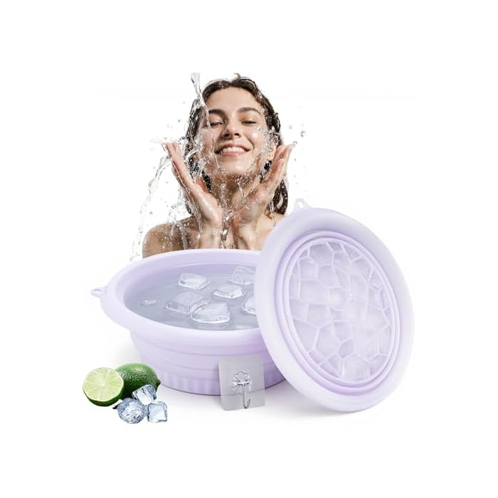 Foldable Face Bowl for Ice with Built-in Ice Tray & Hanging Hook - Collapsible Silicone Facial Bath Bowl for Cold Plunge Therapy, Skin Tightening, Acne Relief - Portable for Home, Travel, Gym(Purple)