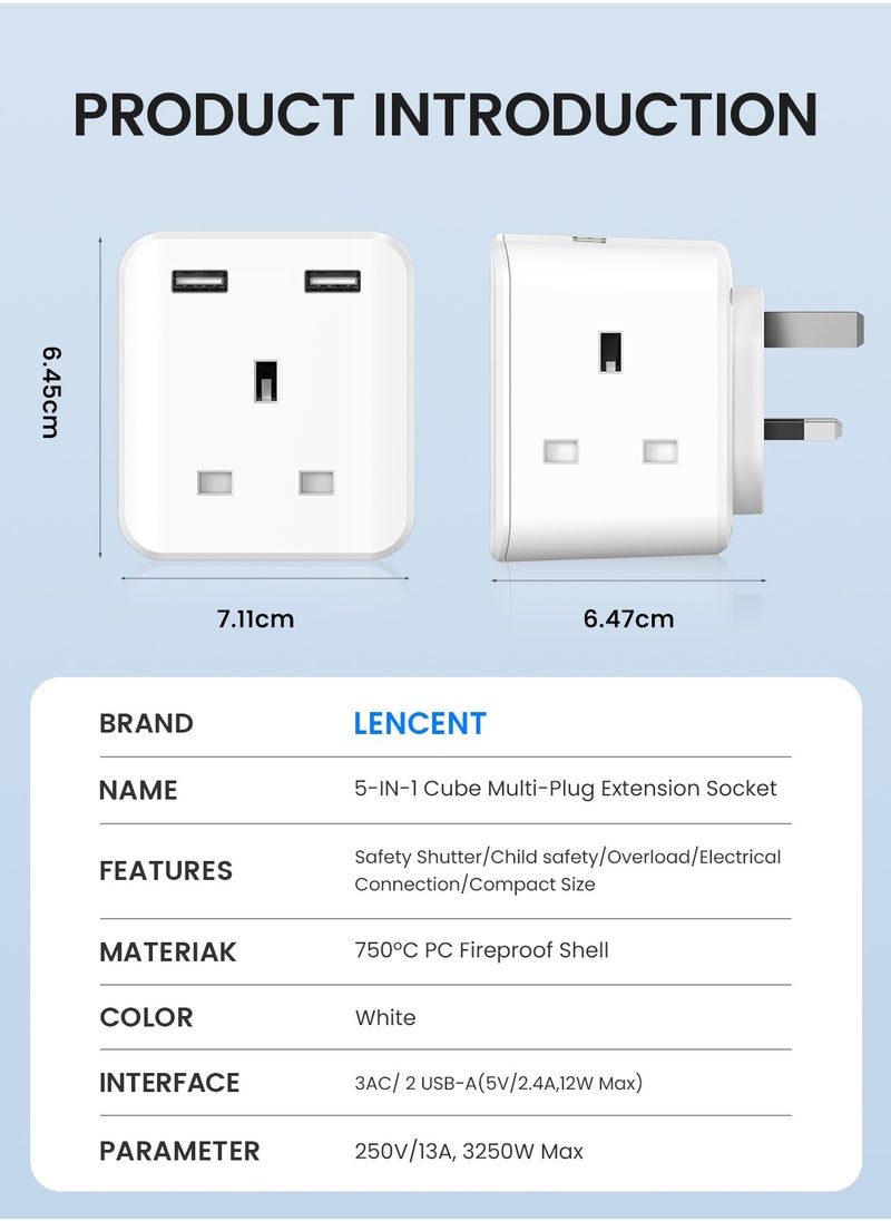 Lencent - Multi Plug Extension with 2 USB, 3 Way 3 Plugs Socket adapter, 5-in-1 Cube Electrical Extender Outlet Adaptor, USB Wall Charger, 3 Pin Plug Expander for Home, Office, Kitchen, 13A 3250W - Image 1