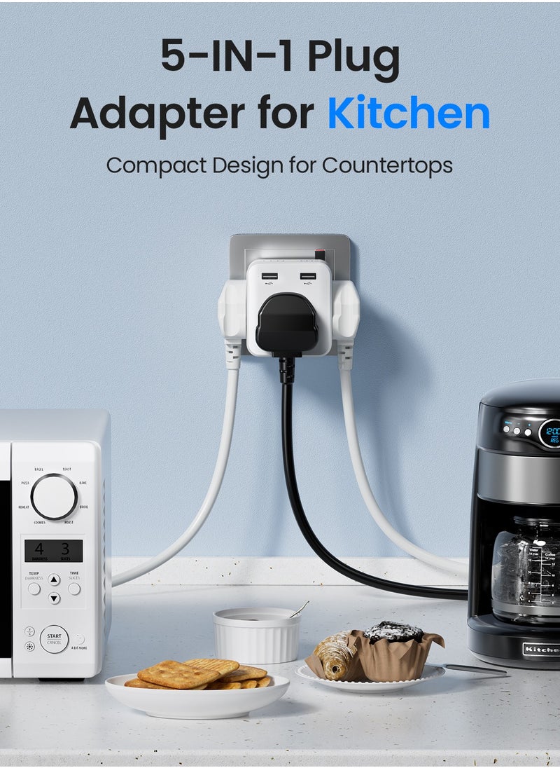 Lencent - Multi Plug Extension with 2 USB, 3 Way 3 Plugs Socket adapter, 5-in-1 Cube Electrical Extender Outlet Adaptor, USB Wall Charger, 3 Pin Plug Expander for Home, Office, Kitchen, 13A 3250W - Image 1