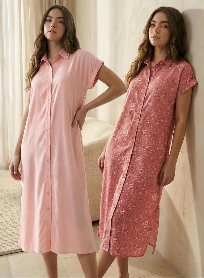 سبلاش فيڤ Midi Length Night Dress Short Sleeves Printed Viscose - Set of 2