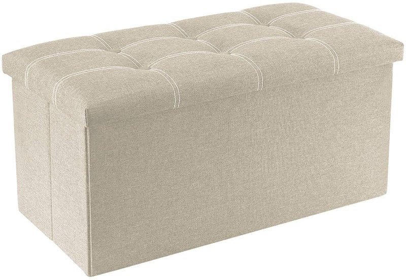 4tens Folding Storage Ottoman, Long Sofa Bench, Fabric Linen Footrest Stool for Makeup Cosmetic Laundry, Toys Storage Organizer Bin Box with Lidded Cover (Grey) - Image 1