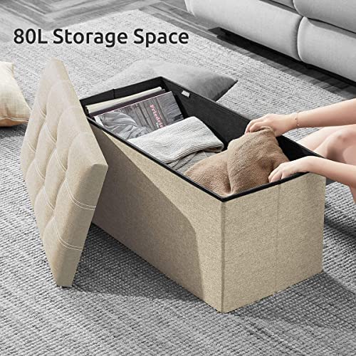 4tens Folding Storage Ottoman, Long Sofa Bench, Fabric Linen Footrest Stool for Makeup Cosmetic Laundry, Toys Storage Organizer Bin Box with Lidded Cover (Grey) - Image 2