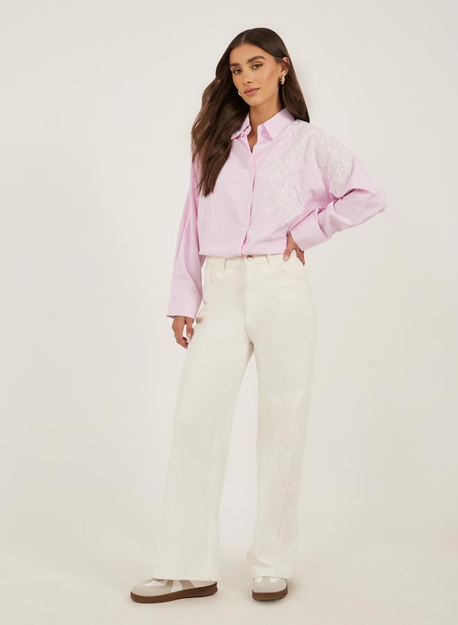 Styli Striped Long Sleeve Oversized Shirt with Lace Detail  - Image 3