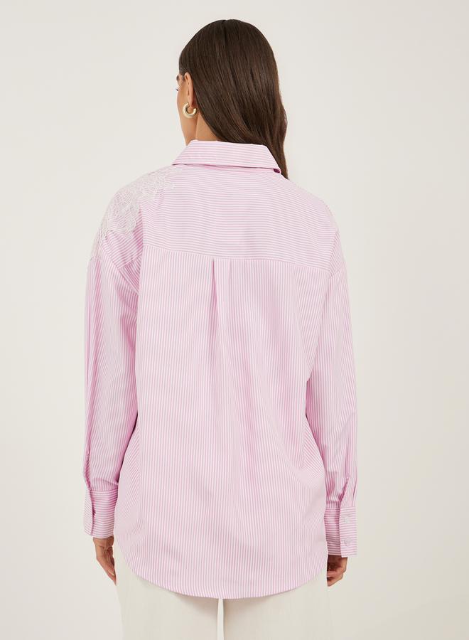 Styli Striped Long Sleeve Oversized Shirt with Lace Detail  - Image 5