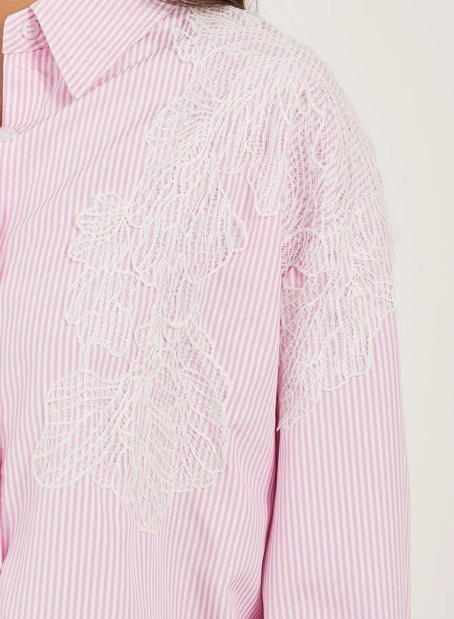 Styli Striped Long Sleeve Oversized Shirt with Lace Detail