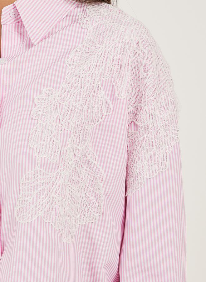 Styli Striped Long Sleeve Oversized Shirt with Lace Detail  - Image 4