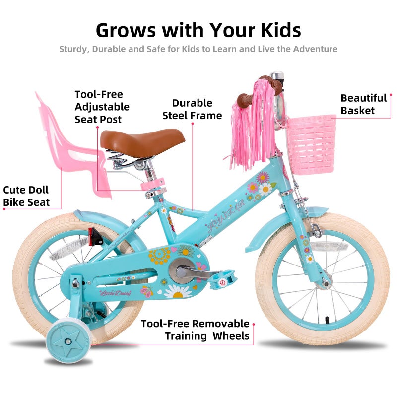 JOYSTAR 12 Inch Kids Bike Little Daisy Girls Bike with Training Wheels Doll Bike Seat Basket & Streamers Princess Kids Bicycle for Girls Toddler of 2-4 Years Toddler Girl Bikes Blue - Image 2