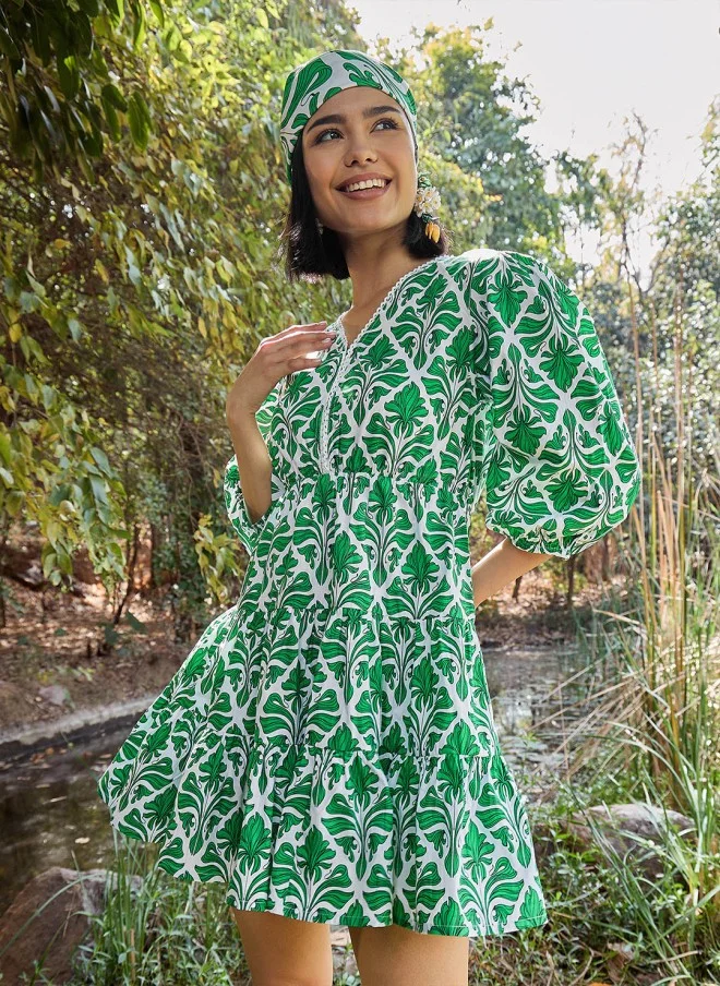 SASSAFRAS Floral Printed Cotton Puff Sleeve Fit & Flare Dress for Women