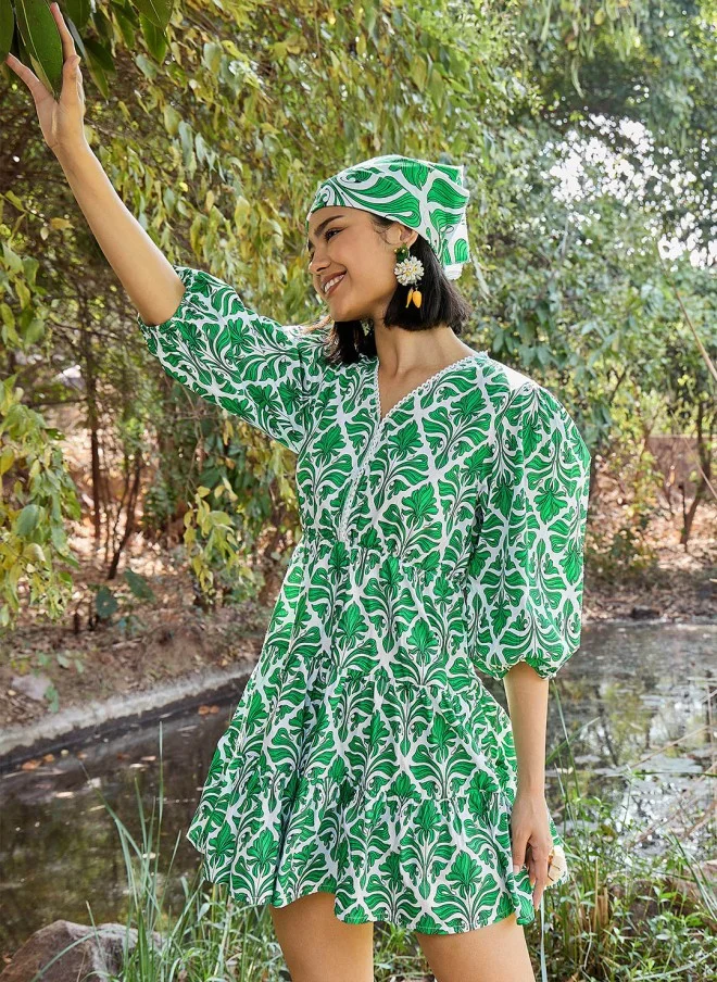 SASSAFRAS Floral Printed Cotton Puff Sleeve Fit & Flare Dress for Women