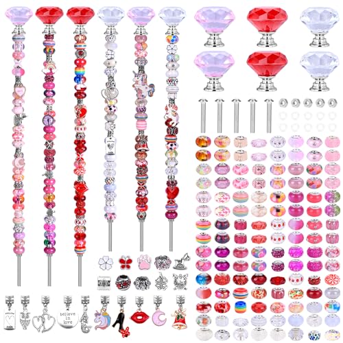 AIPRIDY DIY Fairy Wand Garden Beads Stakes Wands Kit,Multiple Color Scheme European Beads Crystal Diamond Tops and 12 or 10 Inch Threaded Rods,Stainless Steel Stakes with Diamond Toppe(Pink+Rose+Red+White) - Image 1