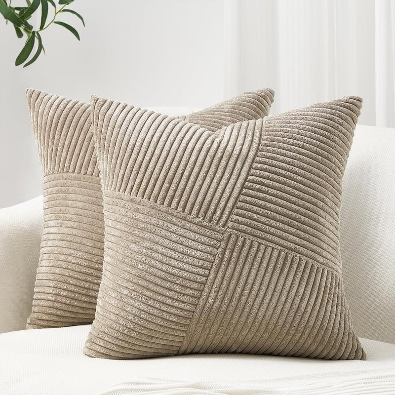 مجموعة من 2 غطاء وسادة من الكوردورو بلون البيج بنقش أشعة الطواحين، مقاس 45 × 45 سم، غطاء وسادة ناعم، زينة للأريكة أو غرفة النوم. - Image 1