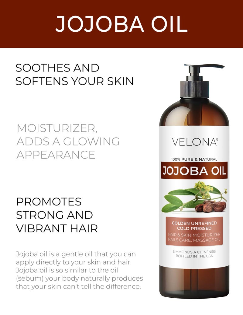 velona Jojoba Oil - 16 fl oz (with Pump) | 100% Pure and Natural | Golden, Unrefined, Cold Pressed, Hexane Free | Moisturizing Face, Hair, Body, Skin Care - Image 2