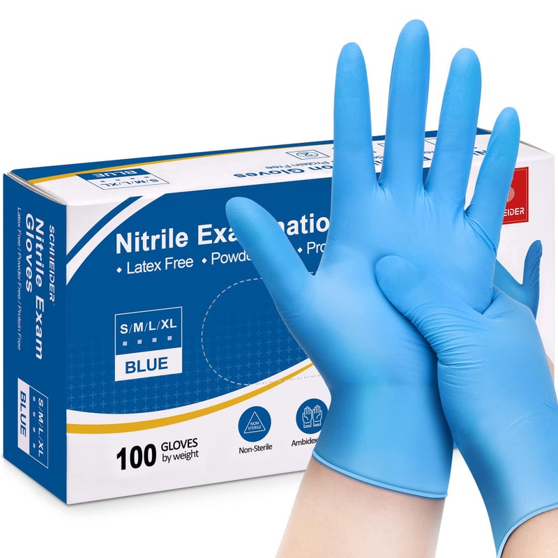 Schneider Nitrile Exam Gloves, 4 Mil, Blue, Large 100-ct Box, Disposable Latex/Powder-Free, Food Safe Rubber Medical/Cleaning Gloves for Cooking & Food Prep, Non-Sterile - Image 1