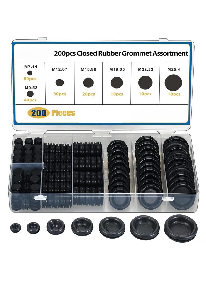 200 Pcs Rubber Grommet Assortment, Firewall Solid Closed Hole Plug Single Sided Round Top Hat Grommet Eyelet Ring Gasket Wiring Gasket for Wire Electrical Appliance Plumbing, 7 Sizes - Image 1