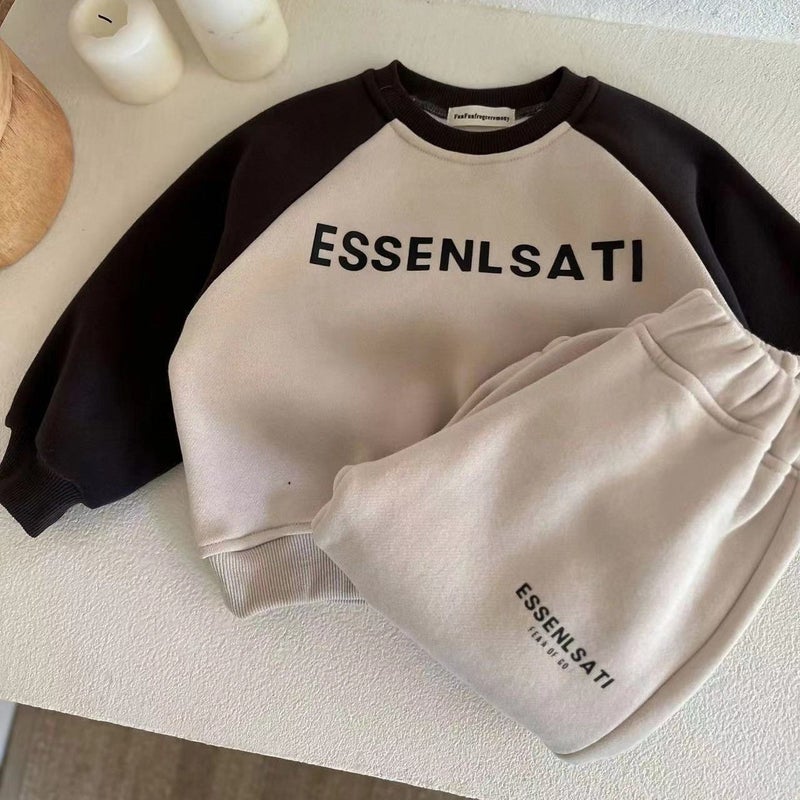 Toddler Fleece-Lined Sweatshirt Set Autumn Winter Thickened Letter Print Kids Outfit Creamy-white 
