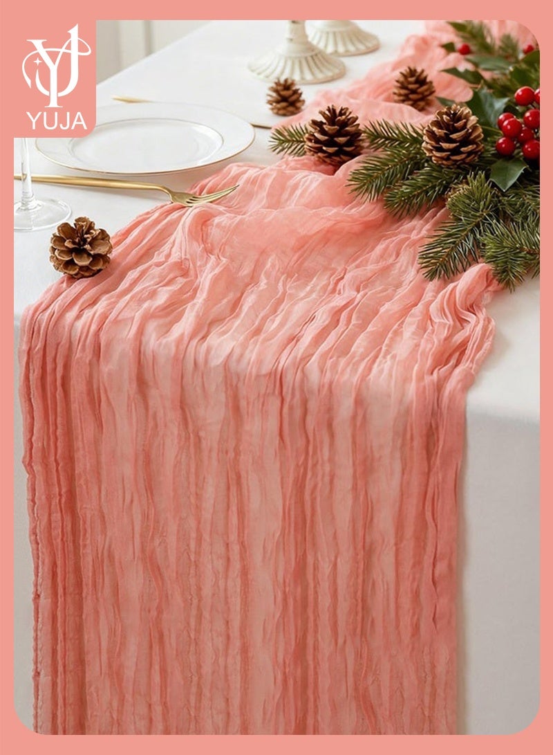 YUJA 4 M Cheesecloth Table Runner, Pink Wedding Table Runner, Boho Gauze Table Runner, Rustic Sheer Table Decor 90 x 400 CM Pink - Image 1
