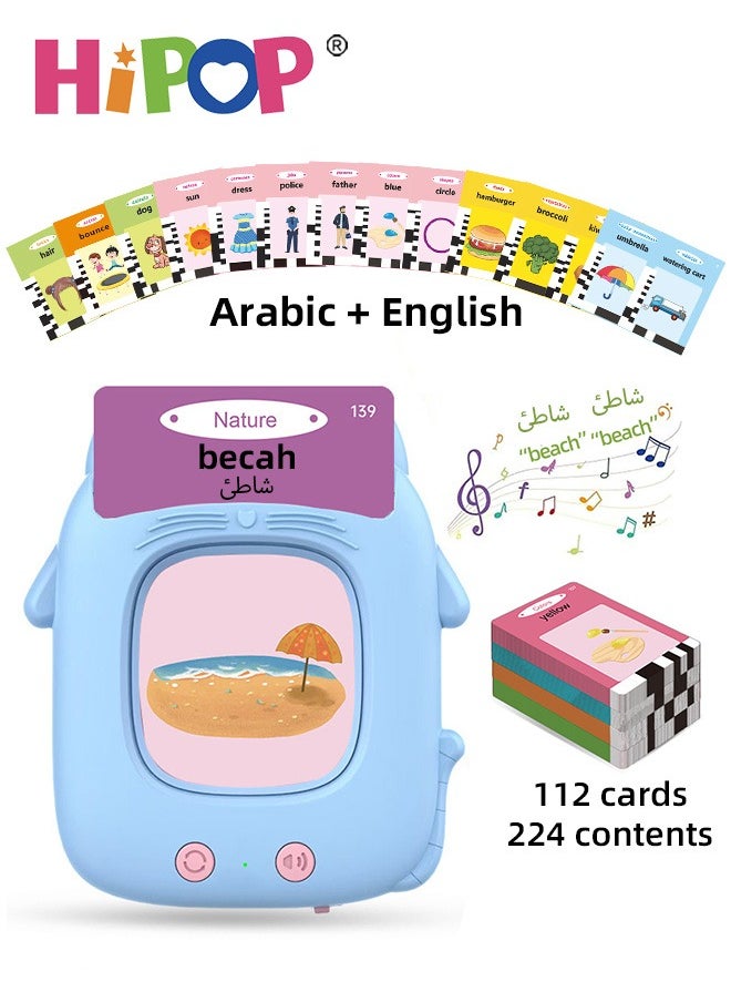 HIPOP Talking Flash Cards Learning Toys for Toddlers, Arabic and English Bilingual Learning  Machine with 122 Cards and 224 Content, Audible Educational Toys for Boys and Girls, Blue Cute Cat Shape  - Image 1