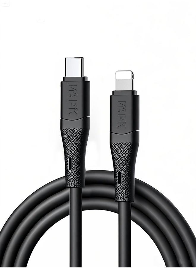 وابيك العلامة التجارية الكورية كابل بيانات USB C إلى Lightning بطول 2 متر، نواة نحاسية نقية مقاومة للحريق من السيليكون، يدعم الشحن السريع بقوة 100 وات، متوافق مع iPhone، iPad، وأجهزة Apple الأخرى (أسود)  - Image 1