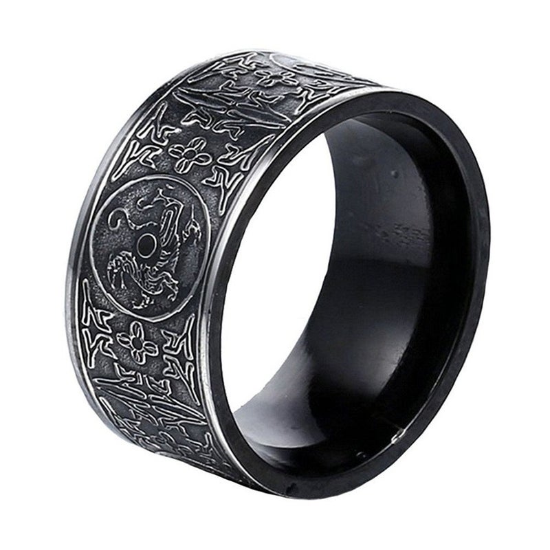 SINLEO Men's Stainless Steel Chinese Ancient 4 Guardian Beasts Ring Dragon, White Tiger, Suzaku, Basalt Carved Black Size 9 - Image 1