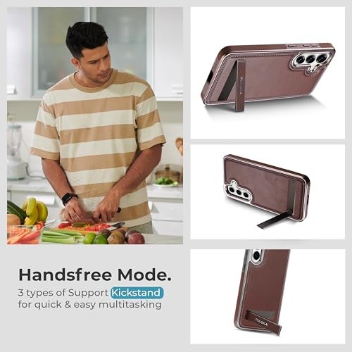 PULOKA Chrome Leather Back Case - Compatible with Samsung Galaxy S25 - Luxury Bumper Case - Flexible Vegan Leather - Electroplated Sides - Full Camera Protetection & Raised Edges - Brown - Image 5