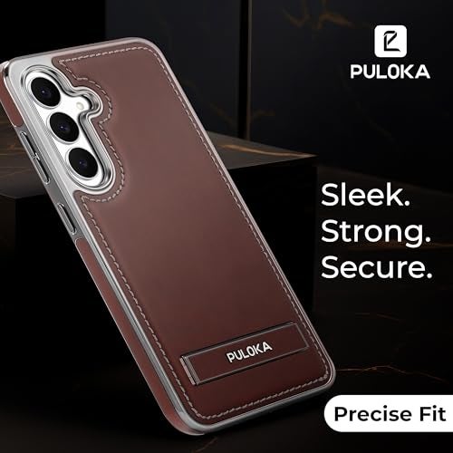 PULOKA Chrome Leather Back Case - Compatible with Samsung Galaxy S25 - Luxury Bumper Case - Flexible Vegan Leather - Electroplated Sides - Full Camera Protetection & Raised Edges - Brown - Image 2