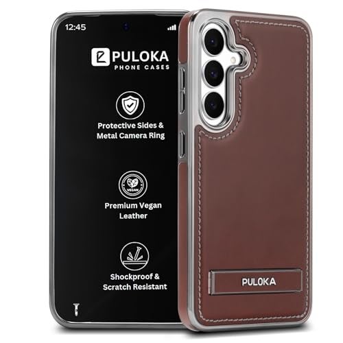 PULOKA Chrome Leather Back Case - Compatible with Samsung Galaxy S25 - Luxury Bumper Case - Flexible Vegan Leather - Electroplated Sides - Full Camera Protetection & Raised Edges - Brown - Image 1