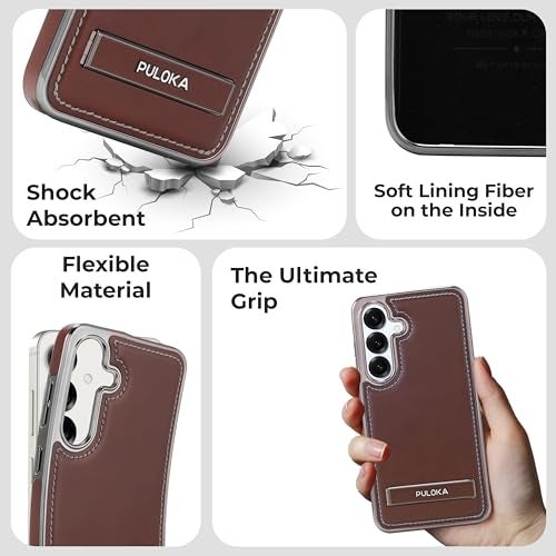 PULOKA Chrome Leather Back Case - Compatible with Samsung Galaxy S25 - Luxury Bumper Case - Flexible Vegan Leather - Electroplated Sides - Full Camera Protetection & Raised Edges - Brown - Image 3