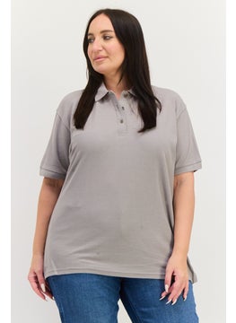 Featherlite Women Spread Collar Short Sleeve Plain Polo Shirt, Grey  - Image 1